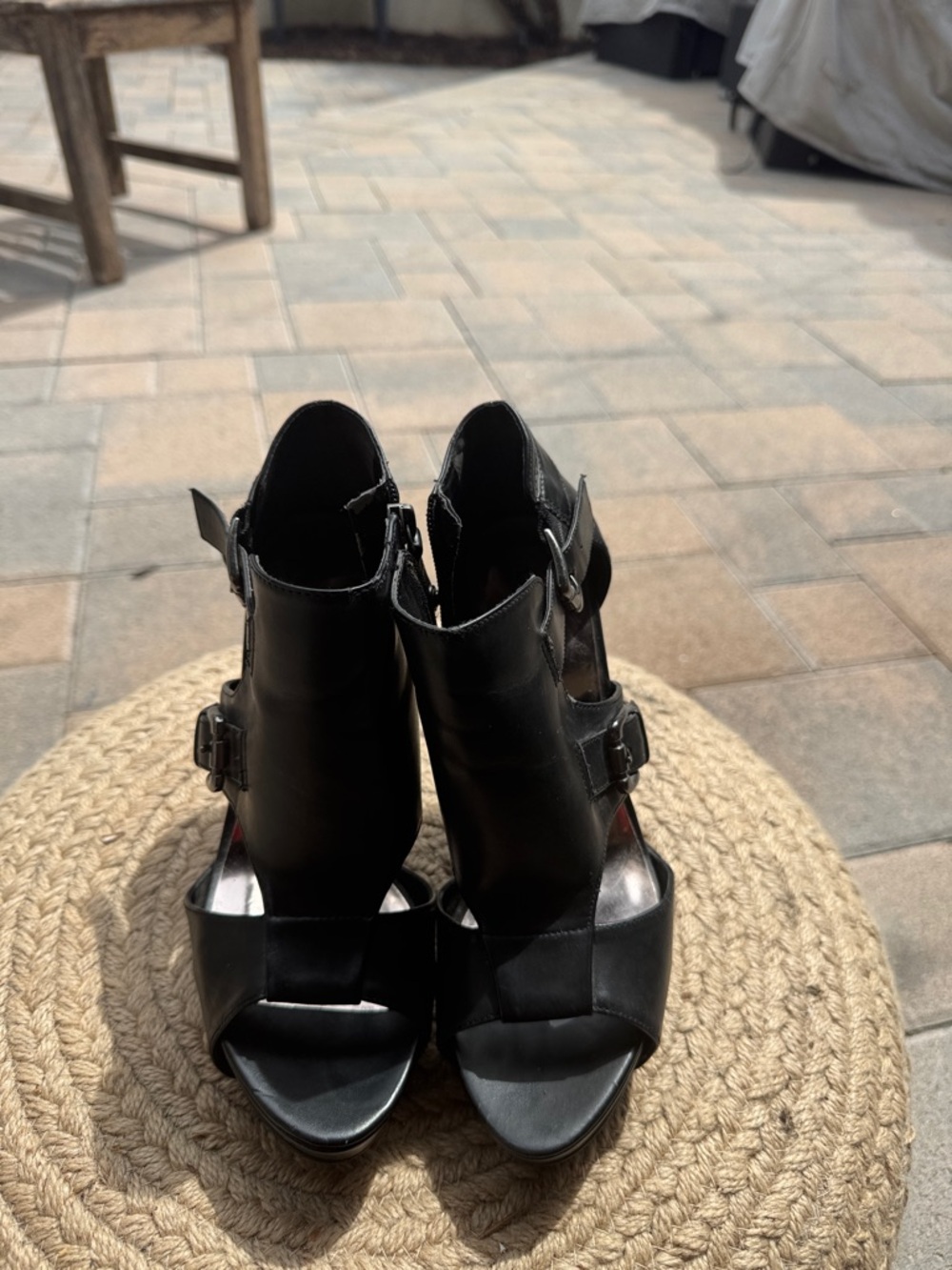 Guess Black Buckle Peep-Toe Heels